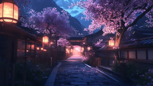 Nighttime cherry blossom street in traditional village.