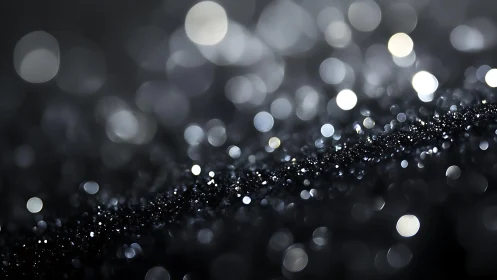 Abstract macro photograph of sparkling black glitter with bokeh effect.
