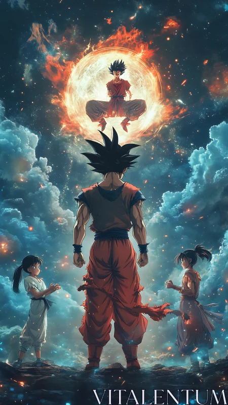 Celestial warrior levitates in blazing aura above starry clouds.