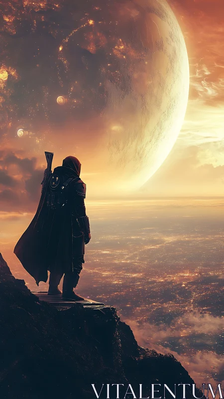 Starlit wanderer studies a burning planet over city clouds