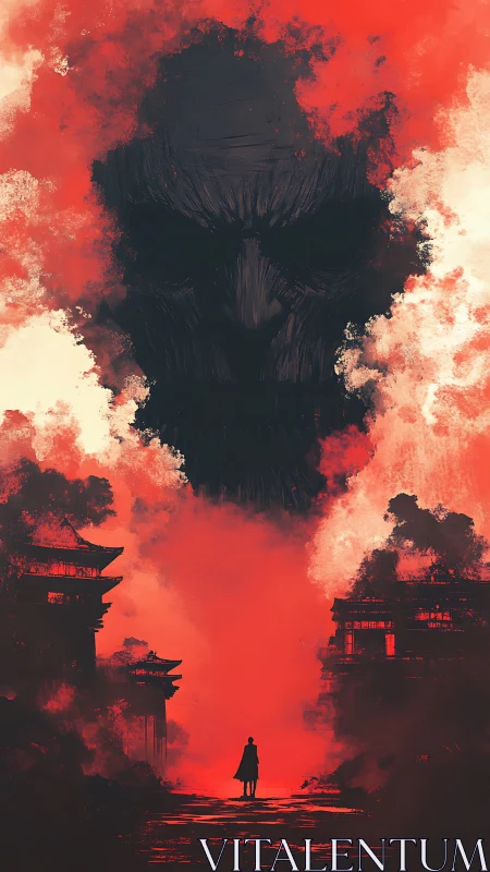 Silhouette stands beneath skull-shaped cloud in red sky