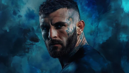 Storm-eyed fighter in electric blue battlefield aura portrait.