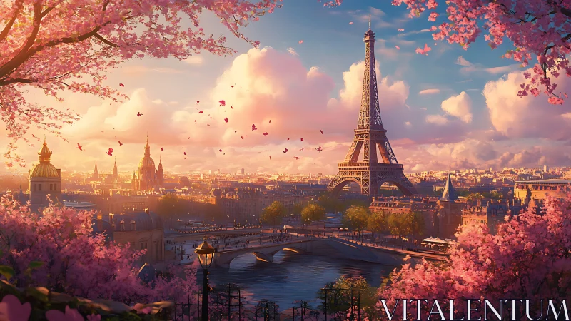 Blossom-draped Paris sunset cradling the dreamy Eiffel hush.