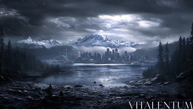 Stormy mountain city skyline reflected in cold tidal bay