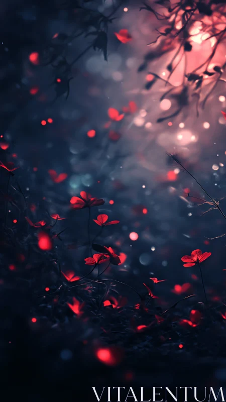Midnight garden of glowing scarlet petals in soft mist.