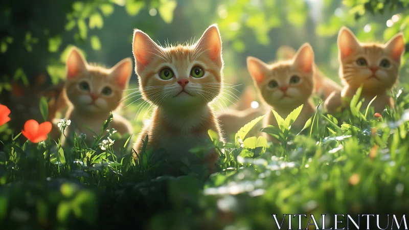 Ginger Kittens Explore Sunlit Garden Among Wildflowers.