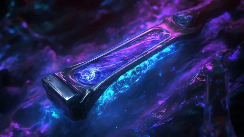 Luminescent cylindrical form with blue-purple fluid dynamics.