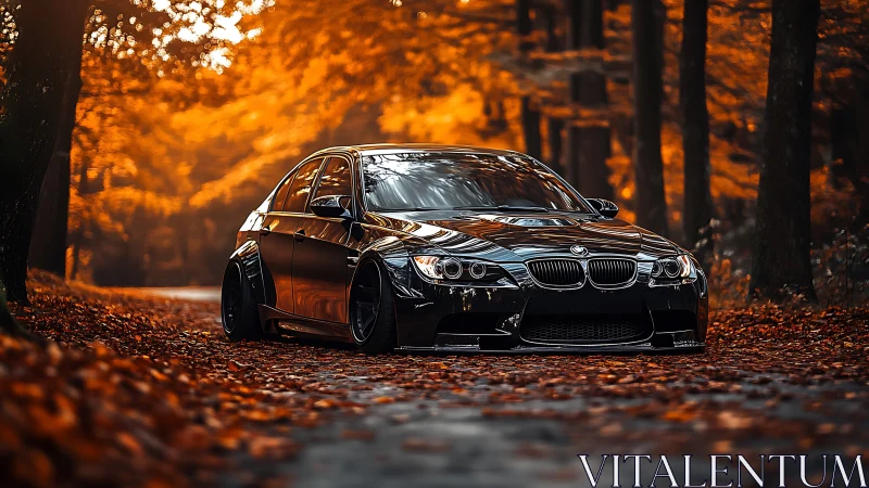 Lowered black BMW sedan with widebody kit on autumn forest road