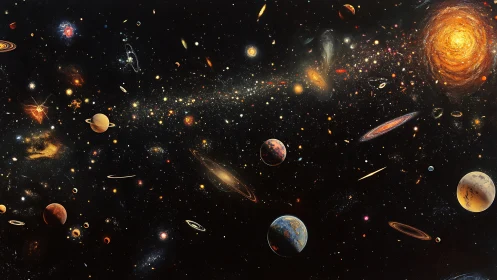 Stellar panorama with multicolored planets and spiraling nebulae.