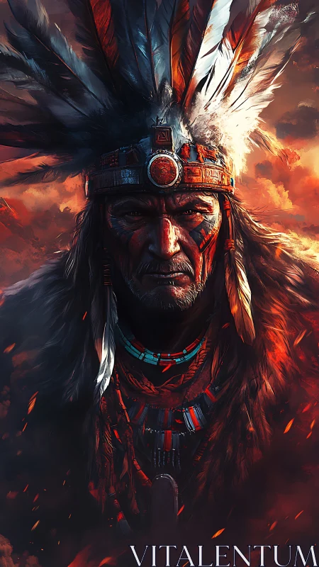 Ember sky elder in feathered warlight regalia stands unshaken.