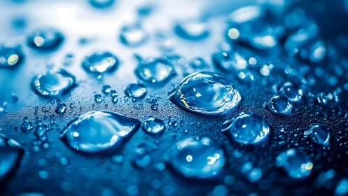 Macro view of water droplets on smooth blue surface.