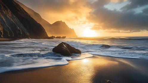 Sunset light intersects cliffs, shoreline, and reflective surf