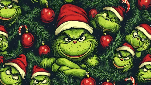 Mischievous green character in festive digital illustration pattern.