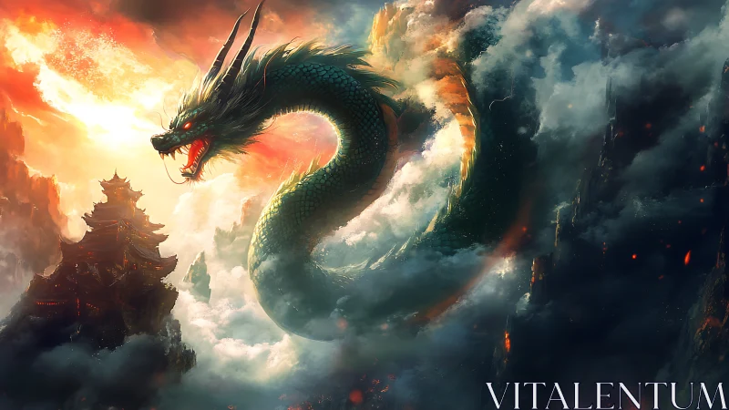 Serpentine dragon coils through clouds near mountain citadel