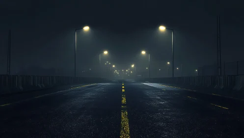 Quiet midnight highway under misty glowing streetlights.