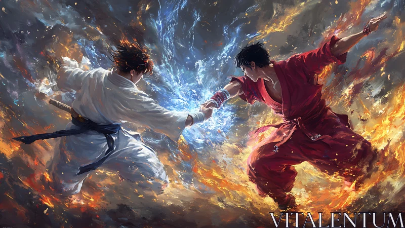 Two martial artists collide with opposing elemental forces