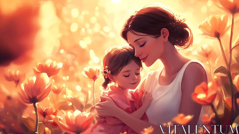 Woman and child in flowering field under warm golden light