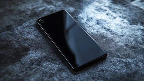 Sleek Black Smartphone Resting on Textured Stone Surface