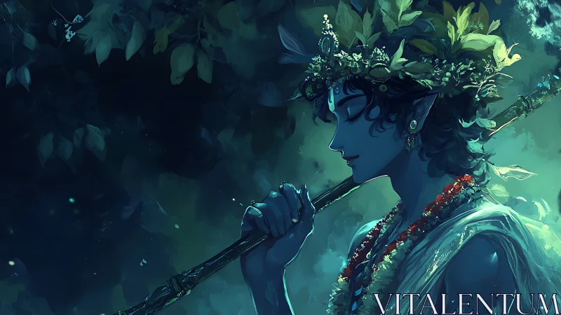 Blue-skinned flute bearer in moonlit foliage with floral wreath