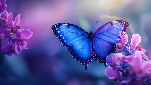 Blue butterfly on purple flowers in soft dreamy light.