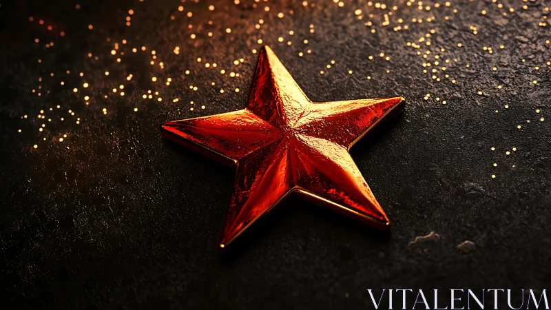 Metallic red star lies on textured black surface