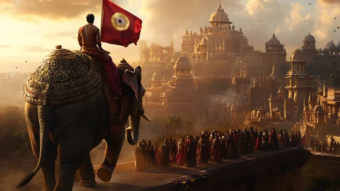 Sunlit royal elephant procession enters a majestic desert city