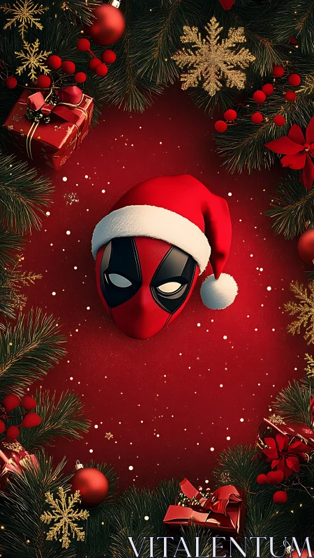 Playful masked Santa peeks from a bold red Christmas frame