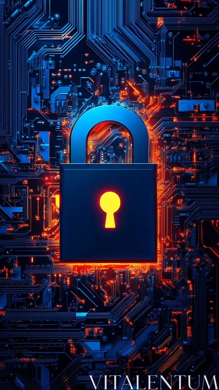 Cyber lock core glowing over encrypted circuit board grid.