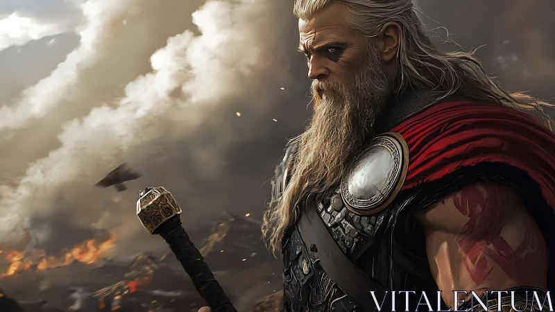 Battle-hardened warrior in cinematic lighting surveys burning battlefield