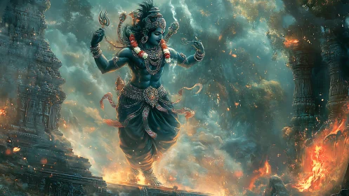 Divine cosmic dancer strides through fire and swirling clouds.