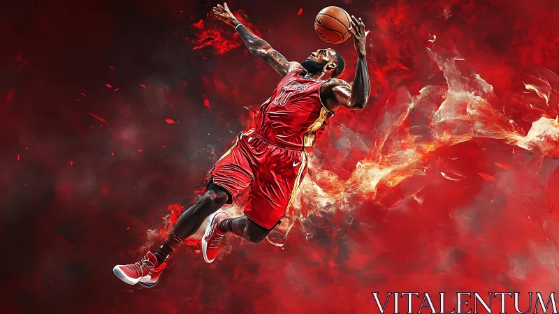 Soaring basketball player rises through blazing red energy