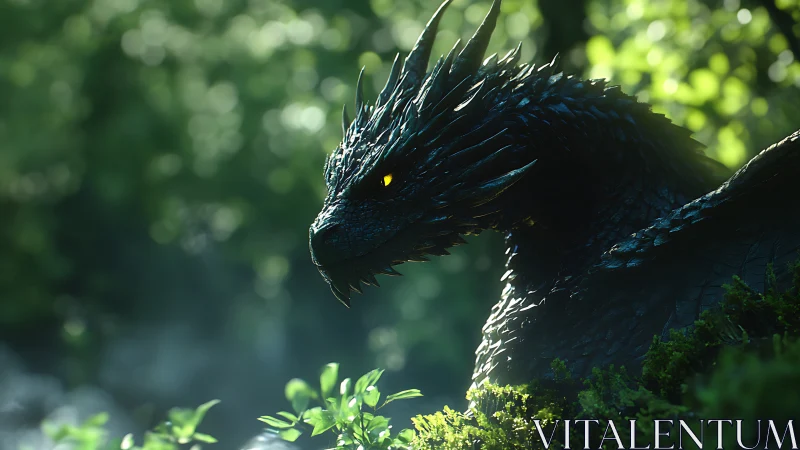 Gentle dusk dragon resting in a sunlit emerald forest.