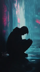 Cyberpunk silhouette in neon rain with reflective wet street.