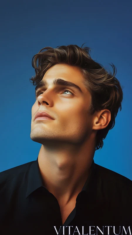 Thoughtful young man gazing upward in soft blue light.