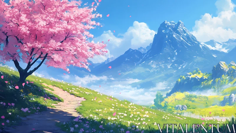 Pink blossom tree on bright alpine valley path.