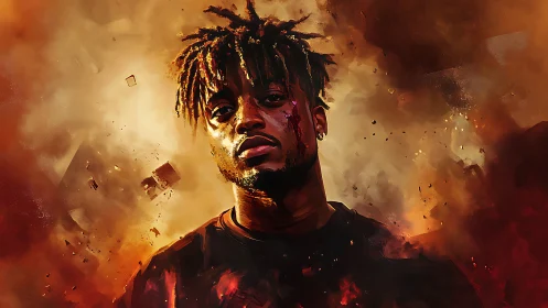 Portrait of a defiant man in cinematic fiery digital painting