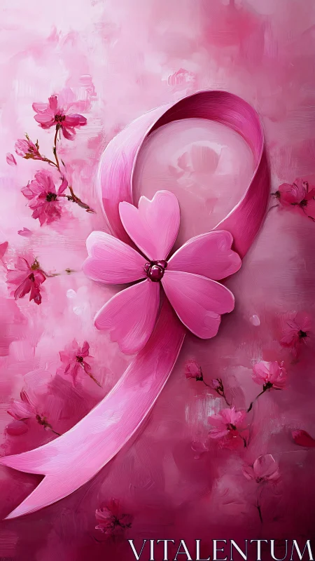 Pink ribbon with floral elements in digitally painted abstract composition.