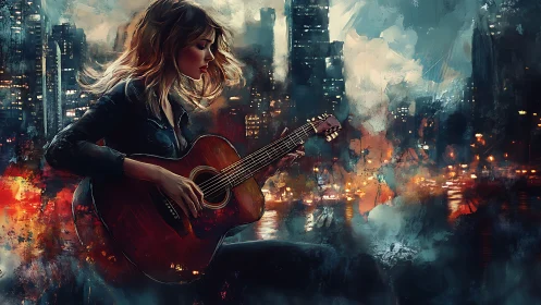 Guitarist plays against a glowing night city skyline backdrop