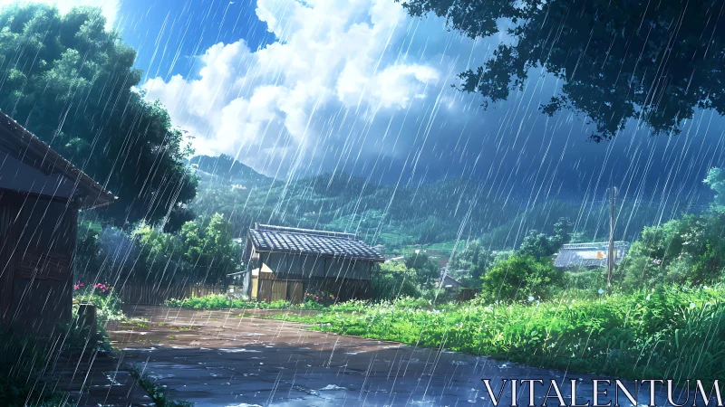 Anime rural rainscape with dynamic perspective composition.