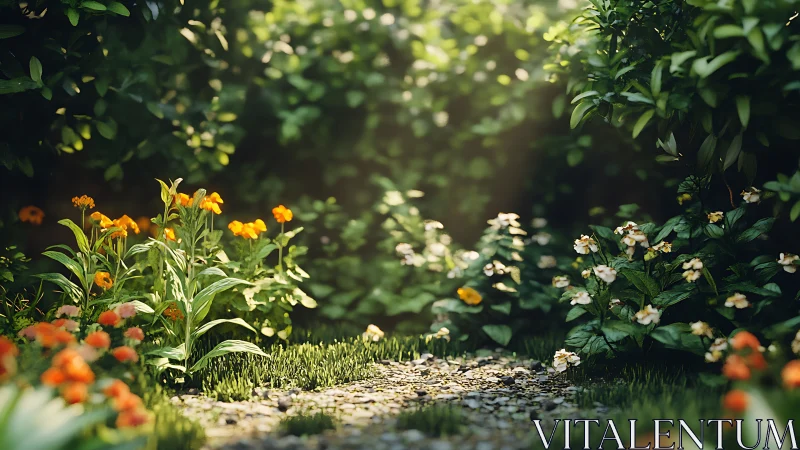 Sunlit flower path cuts through dense green garden.