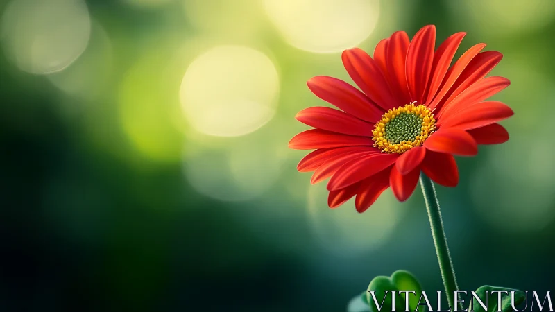 Red Gerbera Daisy Against Softly Blurred Green Background