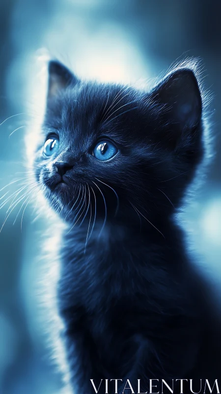 Black Cat with Striking Blue Eyes in Ethereal Blue Light.