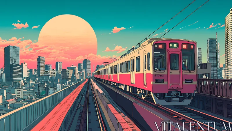Neon sunset train glides through a futuristic city skyline