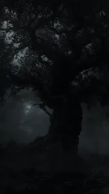 Ancient gnarled tree towering in a moonlit haunted fogscape.