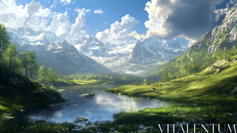 Sunlit mountain valley with a calm reflective river view.