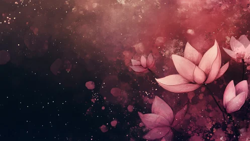 Pink lotus flowers with particle effects on dark background.