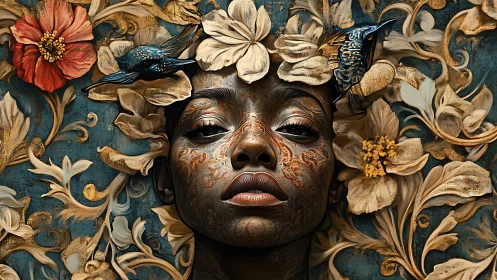 Golden florals cradle a serene face in dreamy quiet wonder