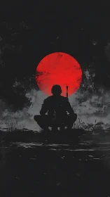 Digital painting of lone samurai silhouette before crimson sun.