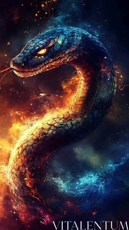Elemental cosmic serpent in dual fire and ice energy vortex
