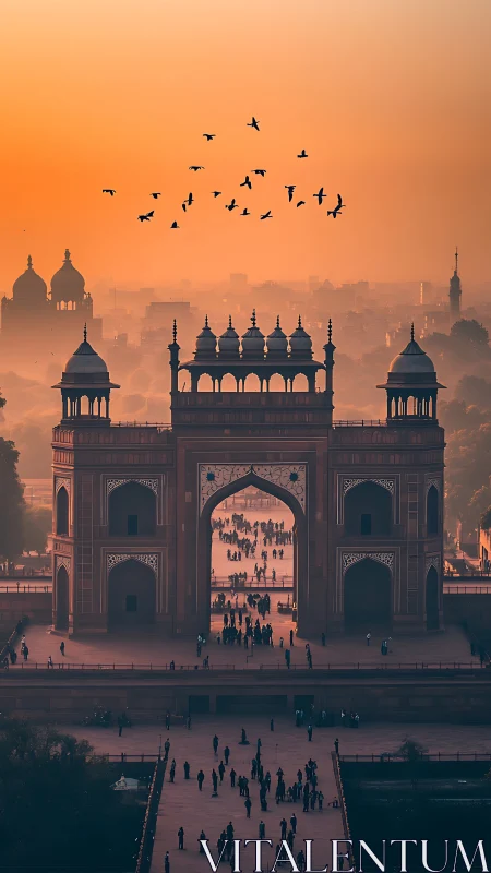Telephoto sunset symmetry over Mughal gateway architecture.